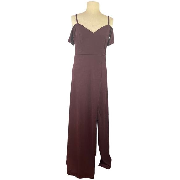 Birdy Grey Cold Shoulder Floor Length Crepe Dress in‎ Cabernet L (Dev) NWT - Picture 2 of 14